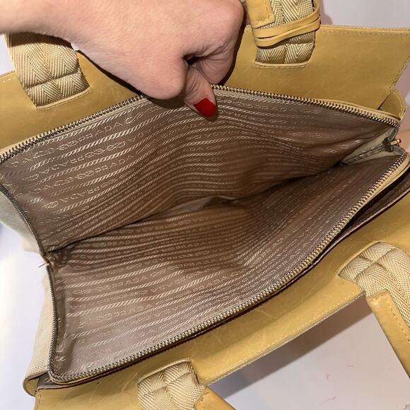 Prada Hand Bag Beige Yellow Canvas Leather Tote Authentic Vintage - Picture 11 of 15